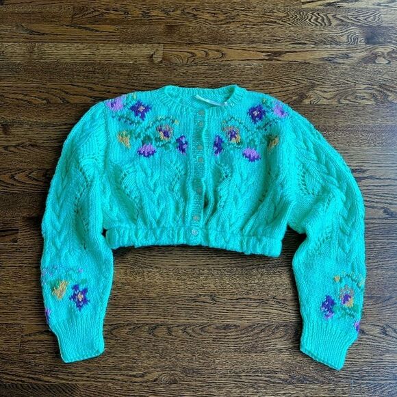 Free People Knit Cardigan Hand embroidered button front cropped silhouette